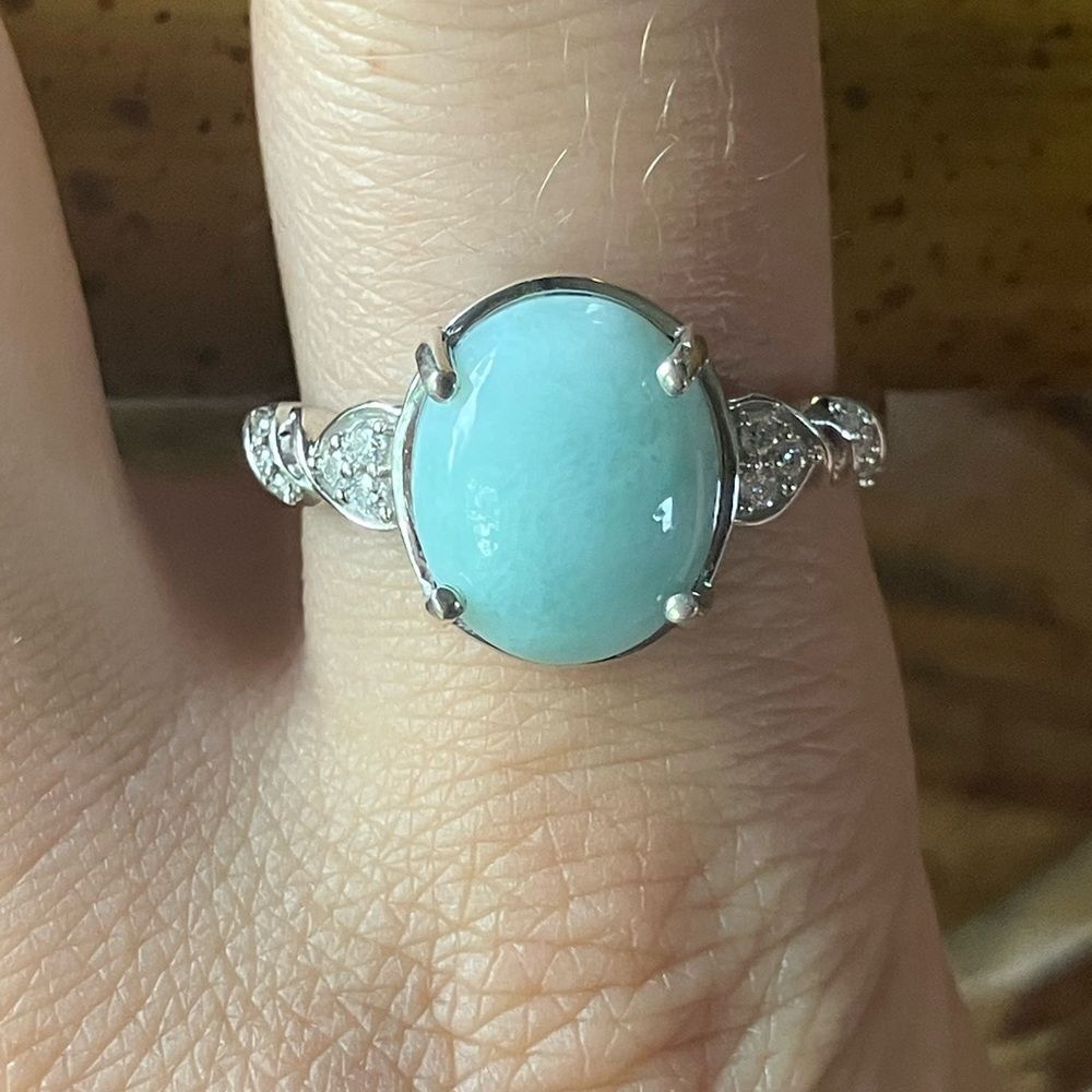 Natural Larimar Moissanite Sterling Silver Ring Size 10